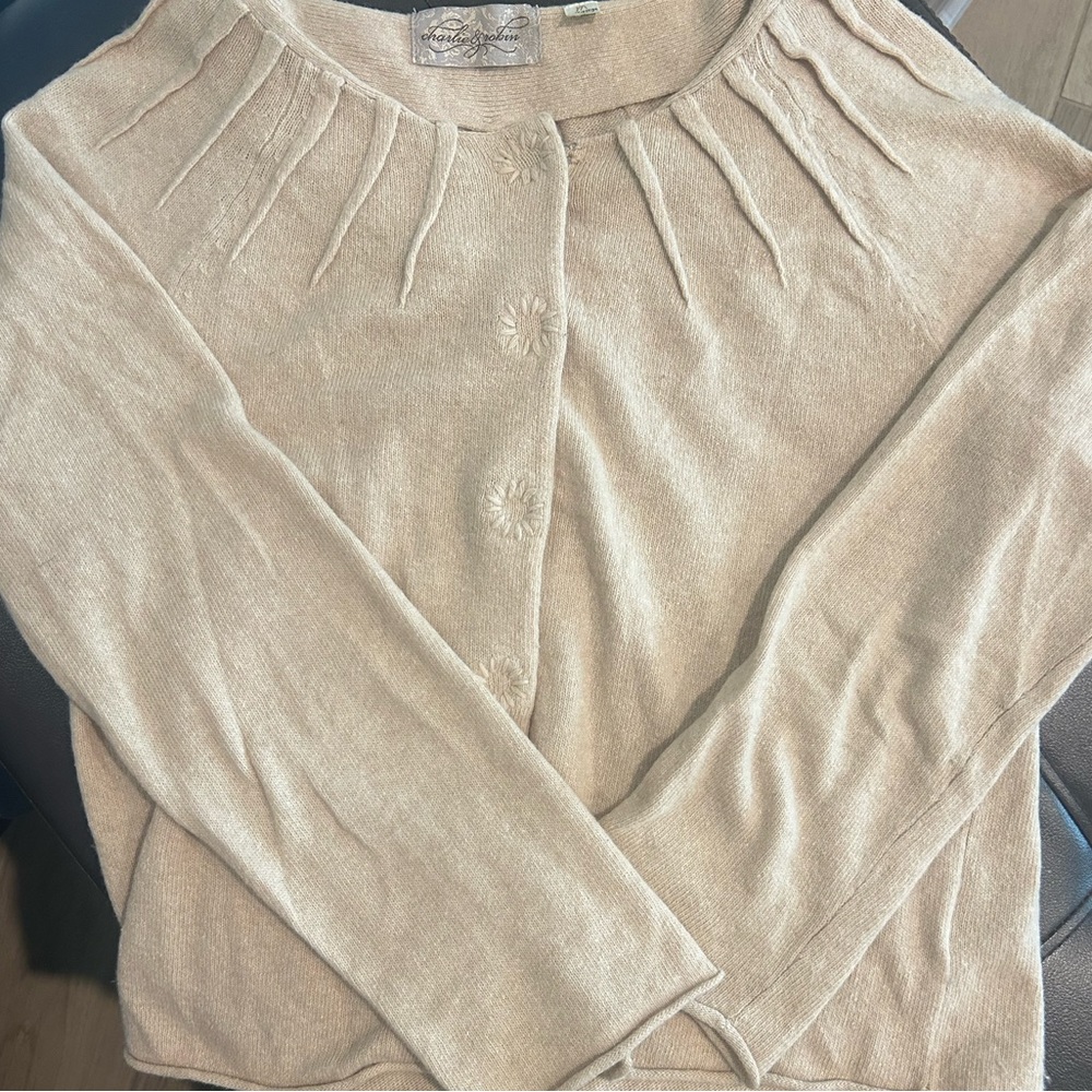 Anthropologie Tan Cardigan with Sunburst Neckline